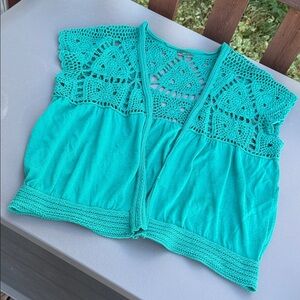 Vintage Teal Crochet Open-Front Vest